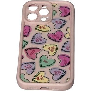 iPhone 14 Pro Max Phone Case - Pink with Conversation Candy Hearts